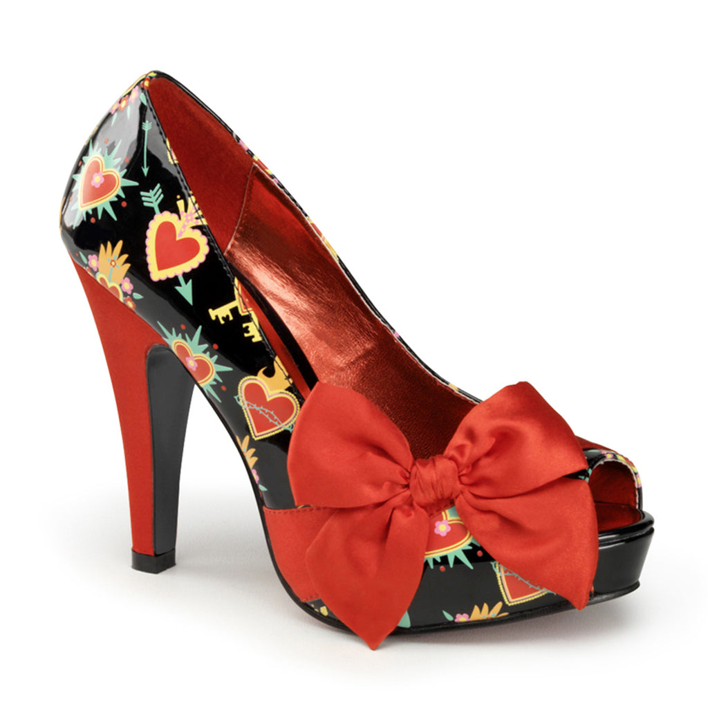 PLEASER PIN UP COUTURE BETTIE-13 BLK PAT-RED SATIN (SACRED HEARTS)