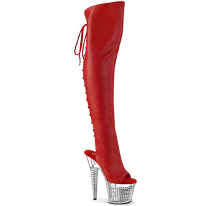 PLEASER SPECTATOR-3019 RED FAUX LEATHER/CLR-SLV CHROME